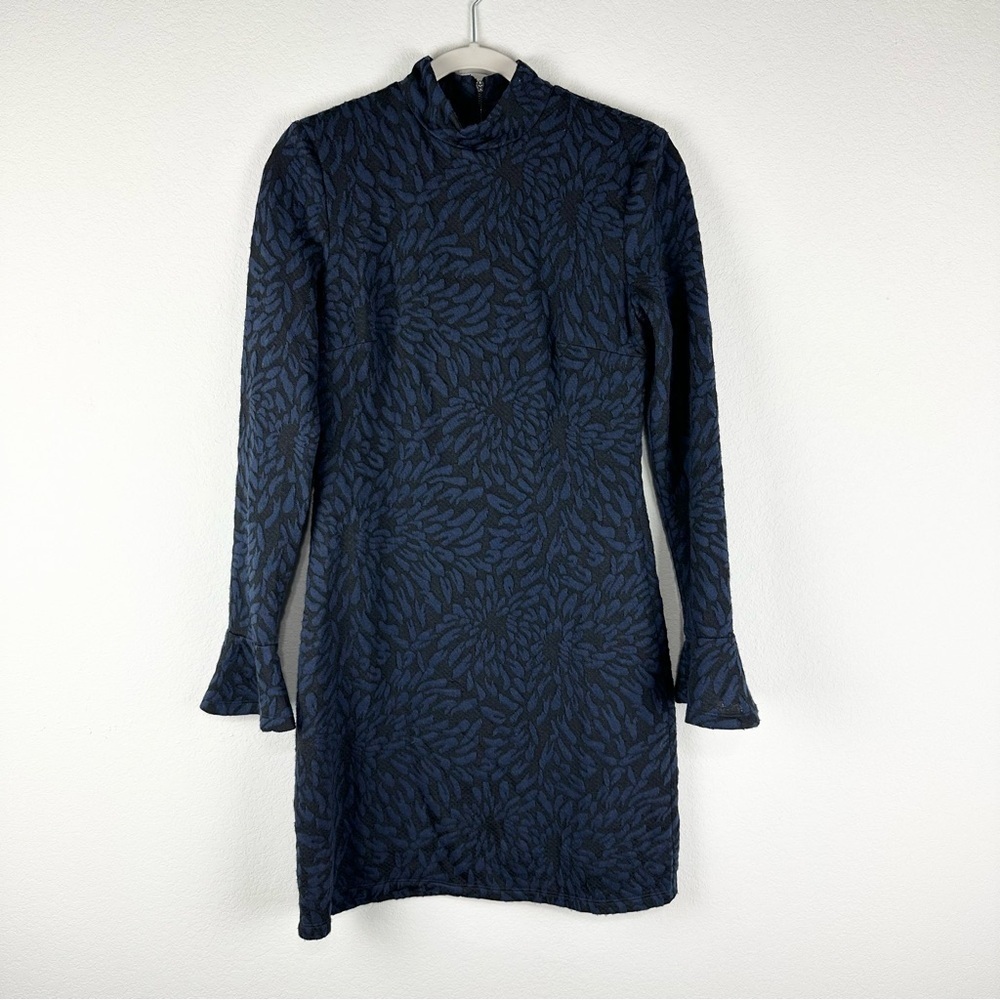 Hutch Anthropologie Blue Black Mock Neck Bell Sleeve Dress Size Small